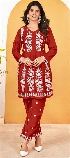 Party Wear Red and Maroon color Salwar Kameez in Rayon fabric with Embroidered, Resham, Thread work : 1949703