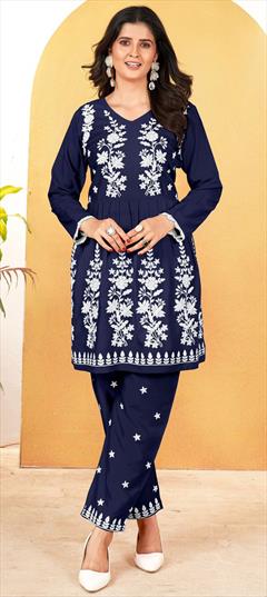 Party Wear Blue color Salwar Kameez in Rayon fabric with Embroidered, Resham, Thread work : 1949704