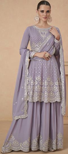 Engagement, Festive, Reception Purple and Violet color Salwar Kameez in Art Silk fabric with Anarkali, Palazzo Embroidered, Sequence, Zari work : 1949708