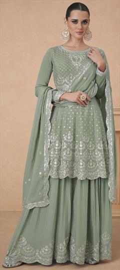 Engagement, Festive, Reception Green color Salwar Kameez in Art Silk fabric with Anarkali, Palazzo Embroidered, Sequence, Zari work : 1949709