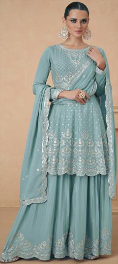 Engagement, Festive, Reception Blue color Salwar Kameez in Art Silk fabric with Anarkali, Palazzo Embroidered, Sequence, Zari work : 1949710
