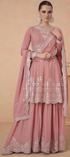 Engagement, Festive, Reception Pink and Majenta color Salwar Kameez in Art Silk fabric with Anarkali, Palazzo Embroidered, Sequence, Zari work : 1949712