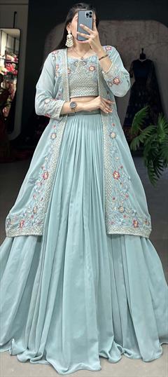Engagement, Reception, Wedding Blue color Ready to Wear Lehenga in Georgette fabric with Flared Embroidered, Thread work : 1949731