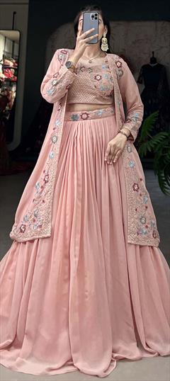 Engagement, Reception, Wedding Pink and Majenta color Ready to Wear Lehenga in Georgette fabric with Flared Embroidered, Thread work : 1949734