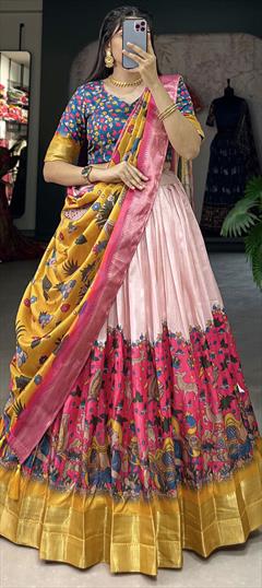 Party Wear, Traditional Pink and Majenta color Lehenga in Dolla Silk fabric with Flared Border, Printed, Weaving work : 1949744