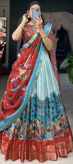 Party Wear, Traditional Blue color Lehenga in Dolla Silk fabric with Flared Border, Printed, Weaving work : 1949747