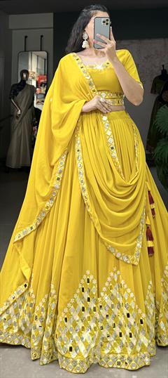 Bridal, Wedding Yellow color Lehenga in Georgette fabric with Flared Embroidered, Mirror, Sequence work : 1949757