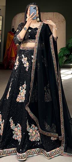 Bridal, Wedding Black and Grey color Lehenga in Georgette fabric with Flared Embroidered, Sequence work : 1949759