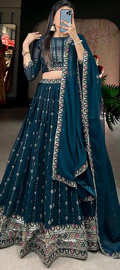 Bridal, Wedding Blue color Lehenga in Georgette fabric with Flared Embroidered, Sequence work : 1949761