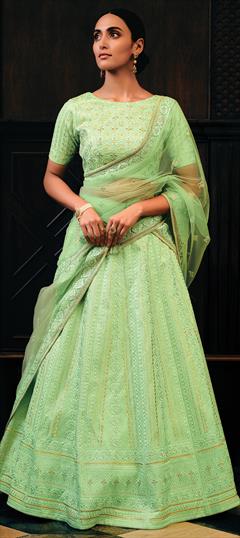 Mehendi Sangeet, Reception, Wedding Green color Lehenga in Raw Silk fabric with Flared Embroidered, Sequence, Thread work : 1949764