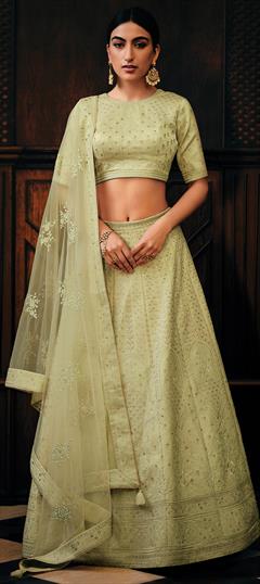 Bridal, Wedding Green color Lehenga in Raw Silk fabric with Flared Embroidered, Resham, Thread work : 1949766