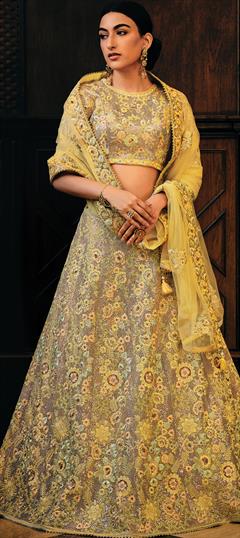 Bridal, Wedding Yellow color Lehenga in Raw Silk fabric with Flared Embroidered, Resham, Sequence, Thread work : 1949776