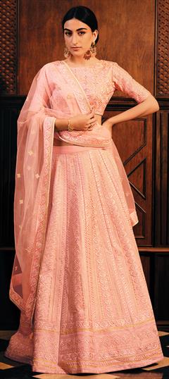 Mehendi Sangeet, Reception, Wedding Pink and Majenta color Lehenga in Raw Silk fabric with Flared Embroidered, Sequence, Thread work : 1949777