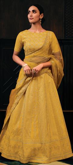 Mehendi Sangeet, Reception, Wedding Yellow color Lehenga in Raw Silk fabric with Flared Embroidered, Sequence, Thread work : 1949779