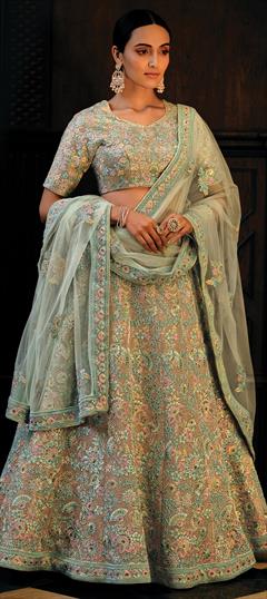 Bridal, Wedding Green color Lehenga in Net fabric with Flared Embroidered, Resham, Sequence, Thread work : 1949780