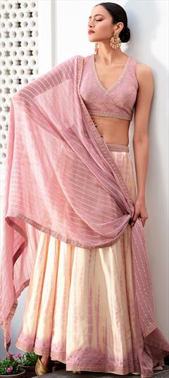 Engagement, Reception, Wedding Beige and Brown, Pink and Majenta color Lehenga in Silk fabric with Flared Bugle Beads, Digital Print, Lace, Sequence work : 1949781