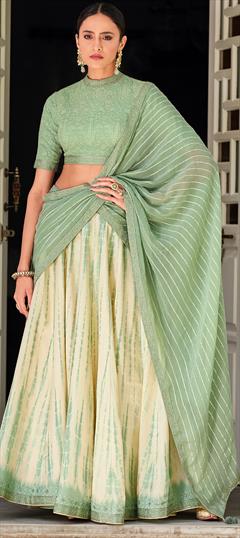 Engagement, Reception, Wedding Beige and Brown, Green color Lehenga in Silk fabric with Flared Bugle Beads, Digital Print, Lace, Sequence work : 1949782