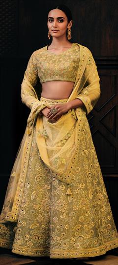 Bridal, Wedding Yellow color Lehenga in Net fabric with Flared Embroidered, Resham, Sequence, Thread work : 1949786