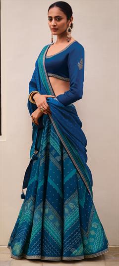 Festive, Wedding Blue color Lehenga in Silk fabric with Flared Bandhej, Digital Print, Embroidered, Thread work : 1949789