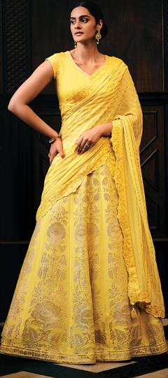 Bridal, Reception, Wedding Yellow color Lehenga in Viscose fabric with Flared Stone, Weaving work : 1949794