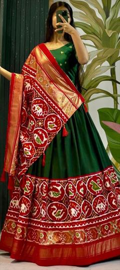 Engagement, Festive, Reception Green color Lehenga in Tussar Silk fabric with Flared Printed work : 1949804