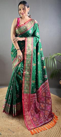 Party Wear, Traditional Green color Saree in Art Silk fabric with South Weaving work : 1949805