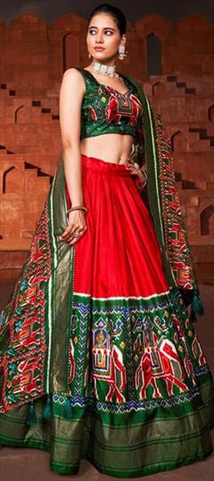 Engagement, Mehendi Sangeet, Reception Red and Maroon color Lehenga in Dolla Silk fabric with Flared Printed work : 1949819