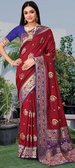 Festive, Traditional Red and Maroon color Saree in Banarasi Silk fabric with South Weaving work : 1949832