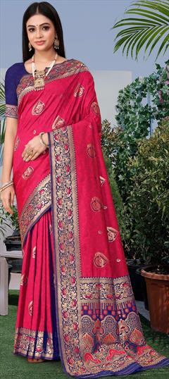 Festive, Traditional Pink and Majenta color Saree in Banarasi Silk fabric with South Weaving work : 1949833