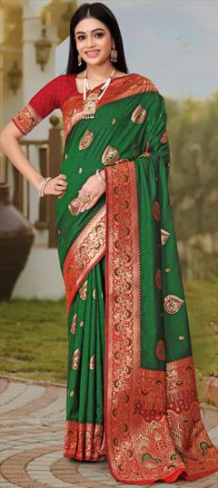 Festive, Traditional Green color Saree in Banarasi Silk fabric with South Weaving work : 1949835