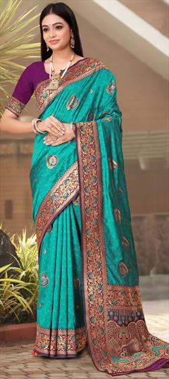 Festive, Traditional Green color Saree in Banarasi Silk fabric with South Weaving work : 1949836