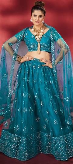 Bridal, Wedding Blue color Lehenga in Net fabric with Flared Sequence, Thread work : 1949843