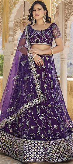Bridal, Wedding Purple and Violet color Lehenga in Net fabric with Flared Embroidered, Sequence work : 1949844