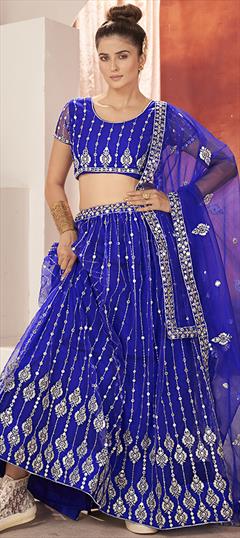 Bridal, Wedding Blue color Lehenga in Net fabric with Flared Sequence, Thread work : 1949845