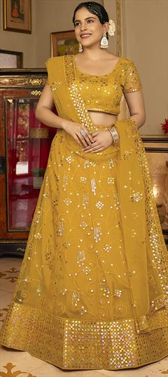 Bridal, Wedding Yellow color Lehenga in Net fabric with Flared Embroidered, Sequence work : 1949847