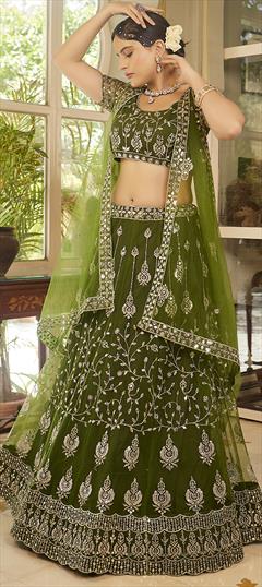 Bridal, Wedding Green color Lehenga in Net fabric with Flared Embroidered, Sequence work : 1949848