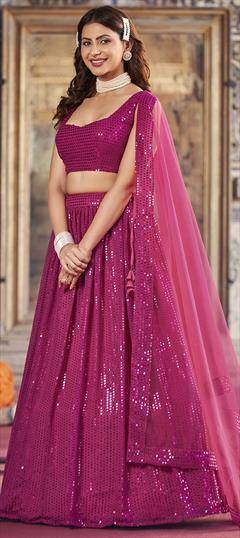 Bridal, Wedding Pink and Majenta color Lehenga in Georgette fabric with Flared Embroidered, Sequence, Thread work : 1949857