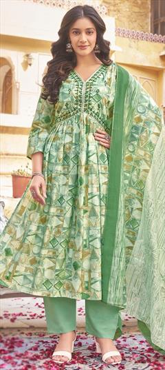 Festive, Party Wear Green color Salwar Kameez in Satin Silk fabric with A Line Digital Print, Embroidered, Floral, Thread work : 1949860