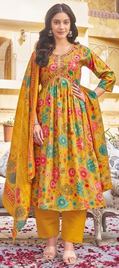 Festive, Party Wear Yellow color Salwar Kameez in Satin Silk fabric with A Line Digital Print, Embroidered, Floral, Thread work : 1949864