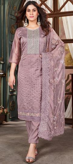 Festive, Party Wear, Reception Purple and Violet color Salwar Kameez in Organza Silk fabric with Straight Resham, Sequence, Thread work : 1949877