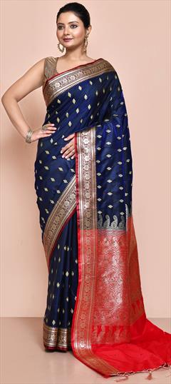 Bridal, Traditional, Wedding Blue color Saree in Kanjeevaram Silk fabric with South Weaving work : 1949882