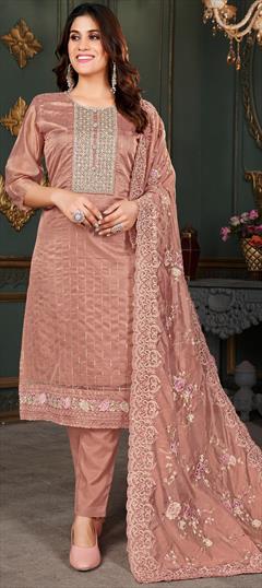 Festive, Party Wear, Reception Beige and Brown color Salwar Kameez in Organza Silk fabric with Straight Resham, Sequence, Thread work : 1949883
