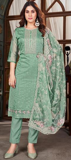 Festive, Party Wear, Reception Green color Salwar Kameez in Organza Silk fabric with Straight Resham, Sequence, Thread work : 1949884