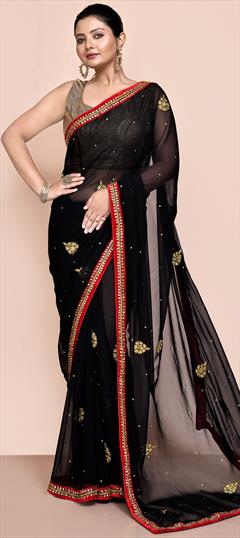 Bridal, Wedding Black and Grey color Saree in Georgette fabric with Classic Lace, Patch work : 1949886