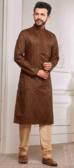 Party Wear Beige and Brown color Kurta Pyjamas in Poly Silk fabric with Digital Print work : 1949924