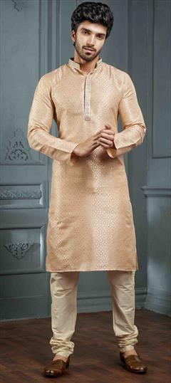Party Wear Beige and Brown color Kurta Pyjamas in Jacquard fabric with Weaving work : 1949932