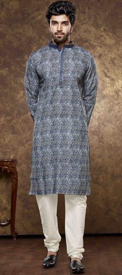 Party Wear Black and Grey color Kurta Pyjamas in Cotton fabric with Digital Print, Thread work : 1949938