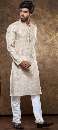 Party Wear Beige and Brown color Kurta Pyjamas in Cotton fabric with Digital Print, Thread work : 1949949