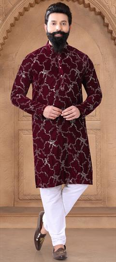 Party Wear Red and Maroon color Kurta Pyjamas in Velvet fabric with Embroidered, Sequence, Thread work : 1949968