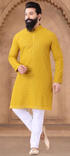 Party Wear Yellow color Kurta Pyjamas in Georgette fabric with Embroidered, Sequence, Thread work : 1949970